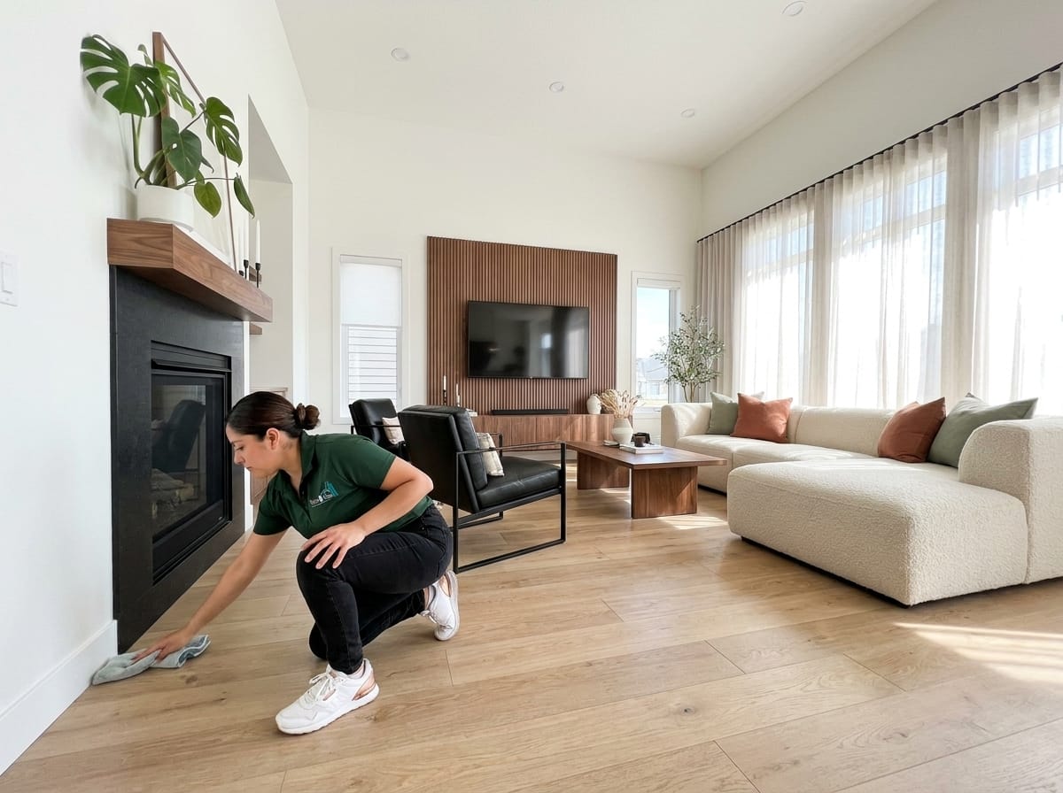 NaturoClean cleaner wiping baseboards during a deep cleaning