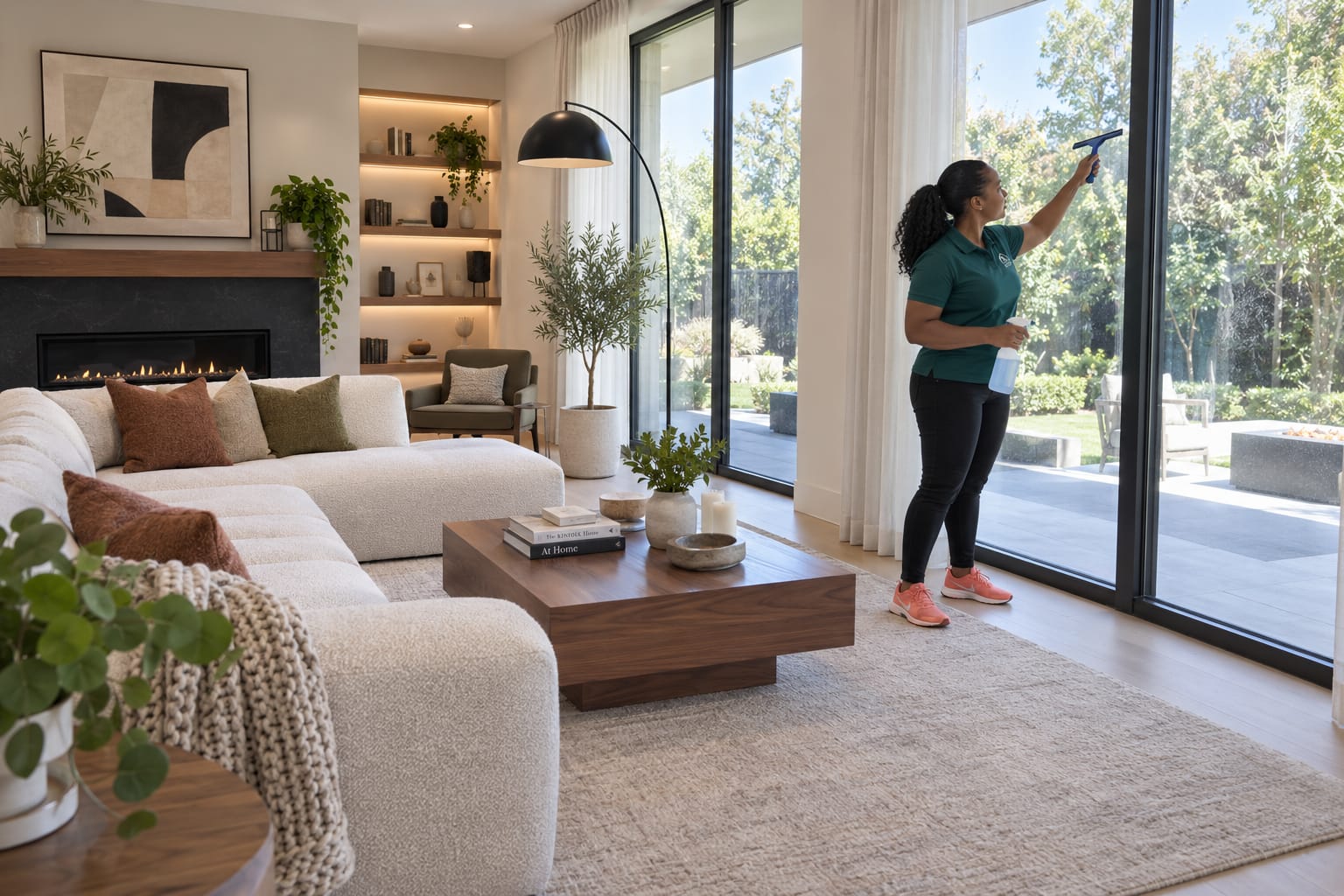 NaturoClean cleaner washing a large living room window