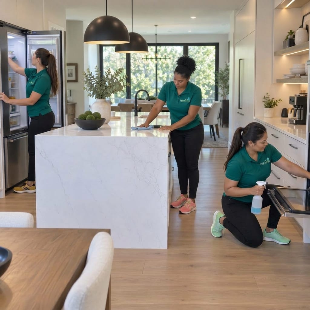 NaturoClean team cleaning a bright modern kitchen