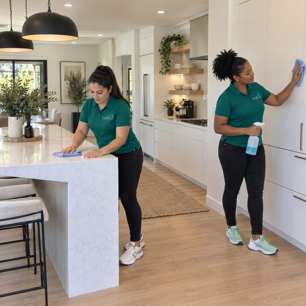 Two NaturoClean cleaners cleaning kitchen cabinets and appliances