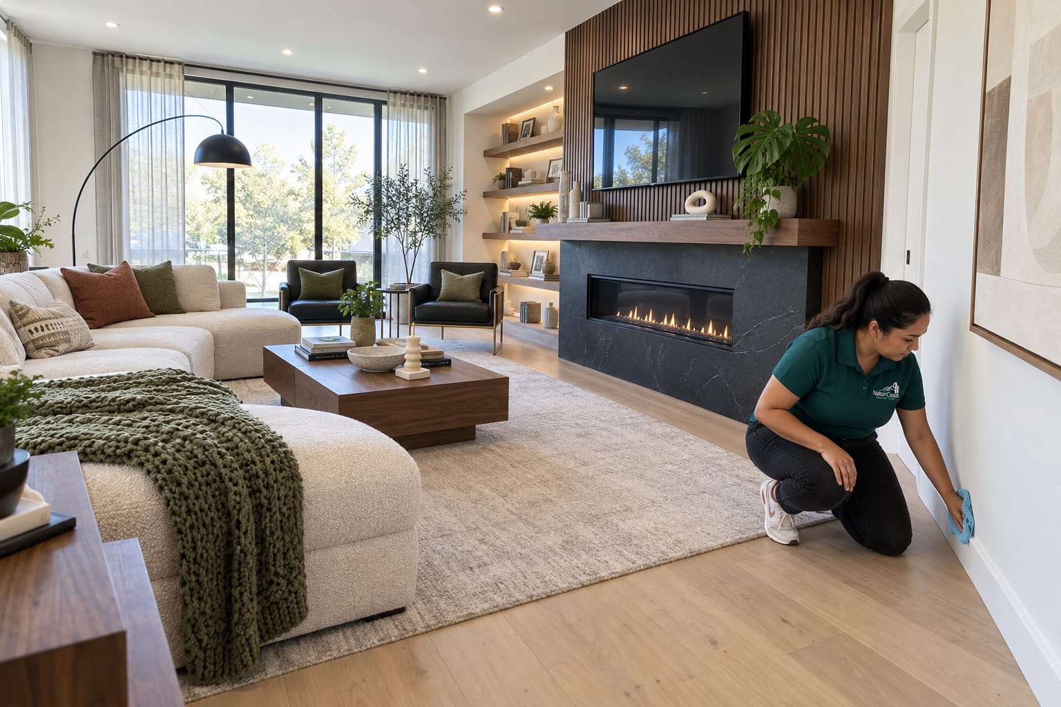 NaturoClean cleaner detailing baseboards in a bright living room