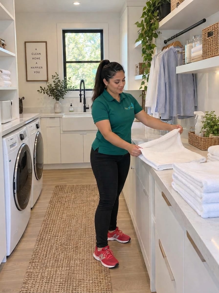 NaturoClean cleaner folding fresh towels in a laundry room